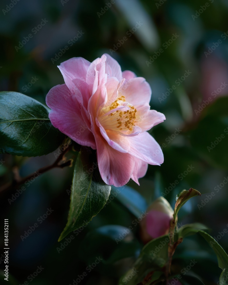 Fototapeta premium Light pink camellia flower with yellow stamens and green leaves bloom