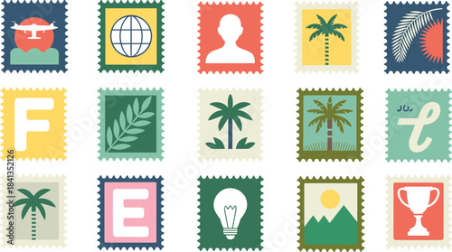 Assorted postage stamps with travel, nature, and abstract elements airplane globe