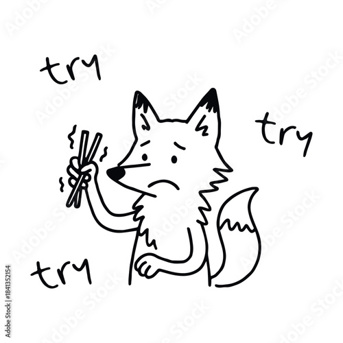 Fox trying chopsticks—quirky charm in a moment of culinary determination, doodle vector illustration