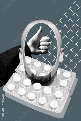 Collage with a head of bearded man, hand and pills 