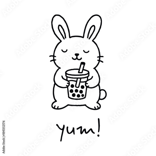 Bunny sipping bubble tea—gentle delight in a cozy moment of sweetness, doodle vector illustration