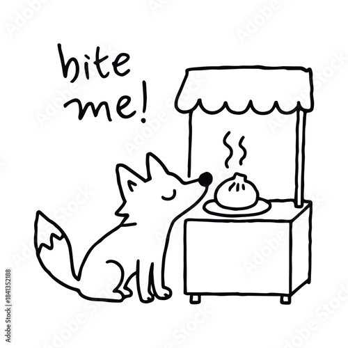 Fox sniffing dumpling—quirky charm in a moment of culinary curiosity, doodle vector illustration