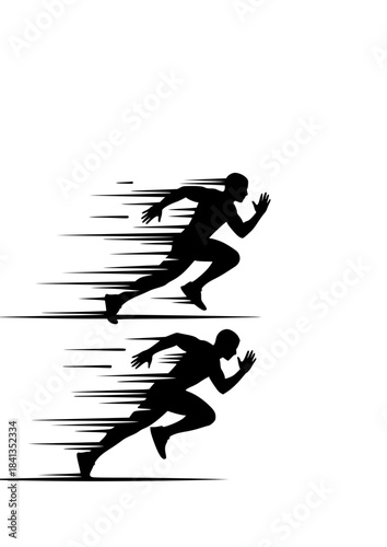 Energetic Fitness Dynamic Action Silhouette: Exaggerated Running and Motion Lines Vector