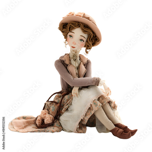 Timeless Elegance: A delicate porcelain doll, reminiscent of a bygone era, sits gracefully with a classic hat and a bag, personifying an old-world charm and beauty.
