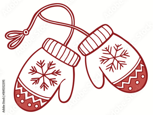 A vector illustration of warm winter mittens with snowflakes hangs from a string.