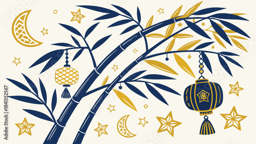 A serene vector illustration of a bamboo tree branch with lanterns and celestial elements in a peaceful night setting