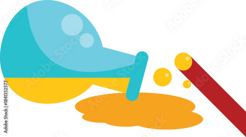 Test tube spilling yellow liquid during a chemistry experiment with a red stirring rod