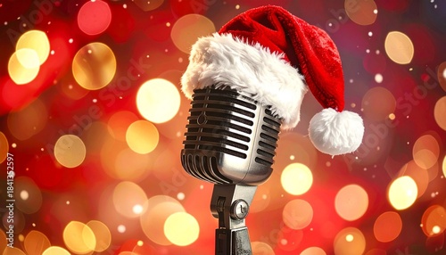 Santa hat on microphone, festive lights