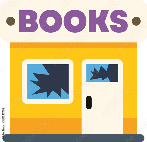 Bookstore facade with broken windows, possibly due to vandalism, looting or robbery, illustrating urban decay or economic hardship