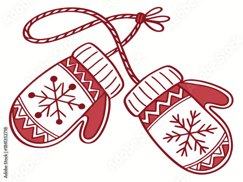 A vector illustration of two red and white winter mittens with snowflakes hanging from a string