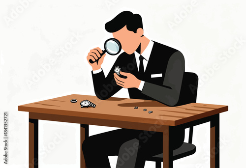 Man in suit examines tiny watch parts under magnifying glass at desk