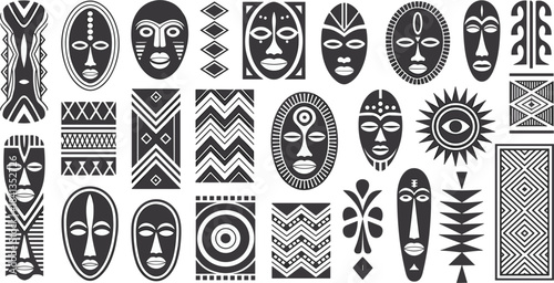 Collection of African Tribal Masks and Geometric Patterns face