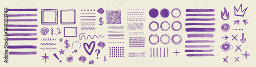 Doodle Set. Geometric Frames, Underlines, Arrows, and Heart Shapes in Purple.