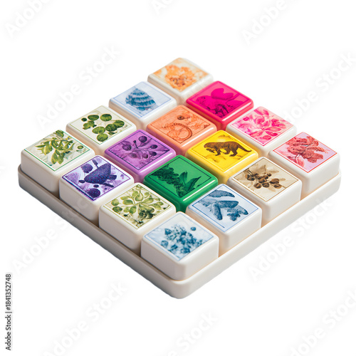 Colorful tiles arranged on white surface: A vibrant display of geometric shapes, showcasing a mosaic of colorful tiles each bearing unique artistic designs, beautifully presented on a sleek tray.
