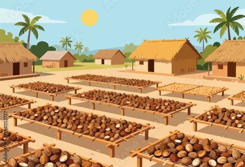Tropical village scene with thatched huts and crops drying in the sun