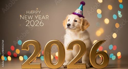 Adorable golden retriever puppy wearing a festive party hat celebrates the upcoming happy new year 2026 with large golden numerals and bokeh lights
