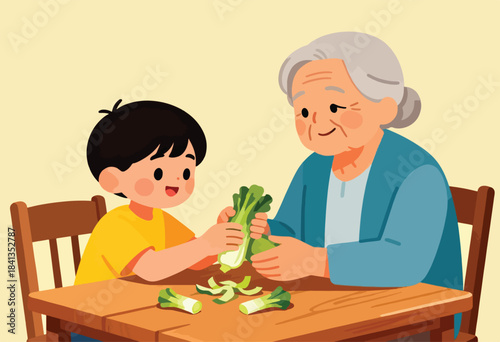 Cheerful child and elder prepare vegetables together at a wooden table