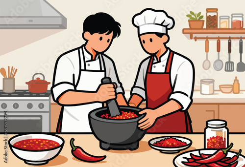 Two chefs in white uniforms and aprons prepare ingredients in a kitchen using a mortar and pestle