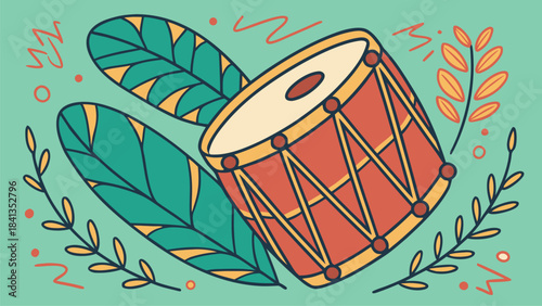 A colorful vector illustration of a drum surrounded by leaves and foliage in a lively outdoor setting.