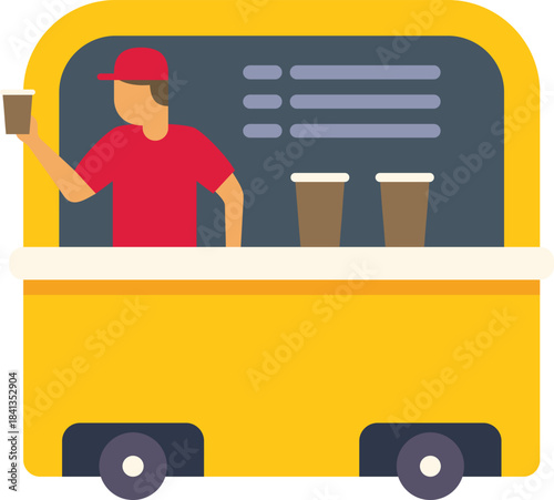 Street food vendor is holding a cup of coffee in a mobile food stand