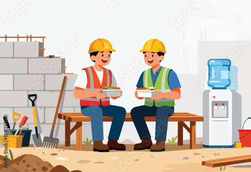 Construction workers on break, enjoying lunch beside a water cooler and building materials