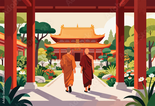 Two monks walk towards a temple through a red-pillared entryway and a lush garden