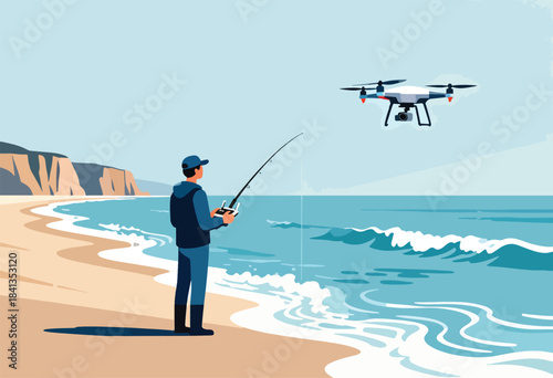 Person with drone and fishing rod on a sandy beach with waves and cliffs