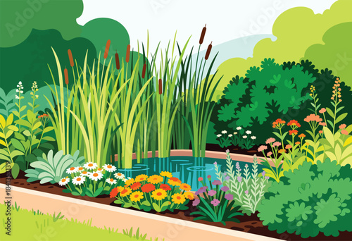 Lush garden with cattails, diverse flowers, and a tranquil pond