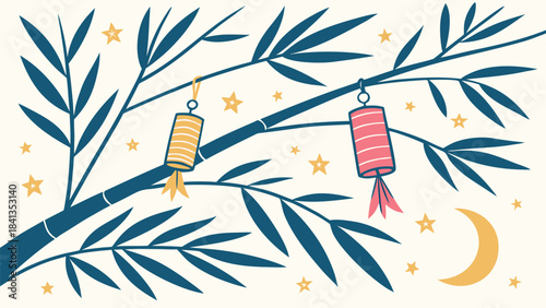 A serene vector illustration of a tree branch with lanterns under a crescent moon and stars