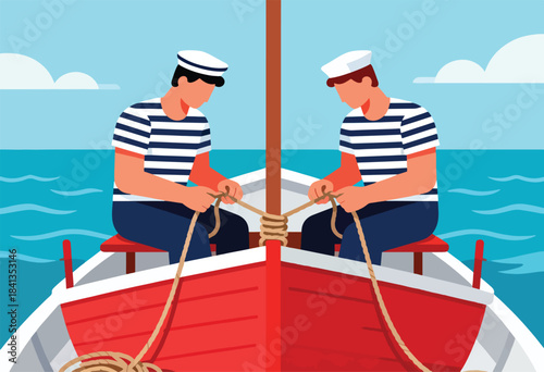 Two sailors in striped shirts tie ropes on a red boat in the ocean