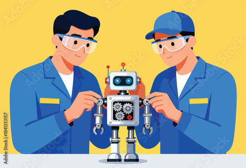 Two engineers in protective gear assemble a small, futuristic robot on a yellow background