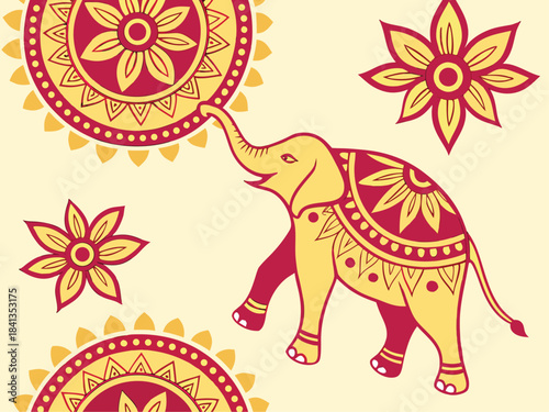 A colorful vector illustration of an elephant touching a circular mandala design with its trunk in a vibrant floral pattern.