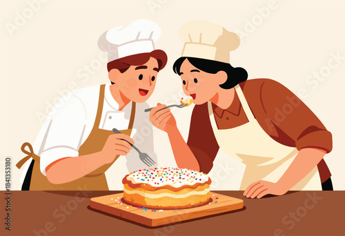 Two chefs tasting a frosted cake with colorful sprinkles on a wooden board