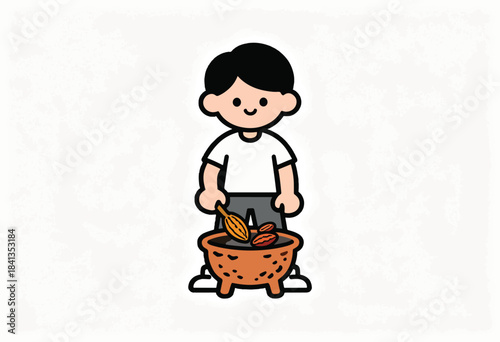 Cartoon boy holding a cacao pod over a bowl of beans