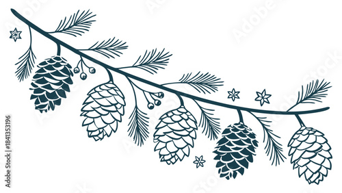 A vector illustration of pinecones hanging from a snowy branch with pine needles and snowflakes in a winter wonderland scene.