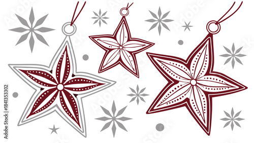 Vector illustration of decorative stars hanging from strings, surrounded by scattered stars and dots on a white background