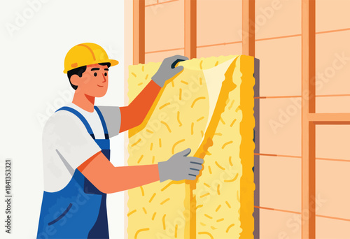 Worker installing insulation material into wooden wall frame
