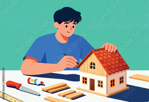 Young person crafting a wooden house model with tools and materials