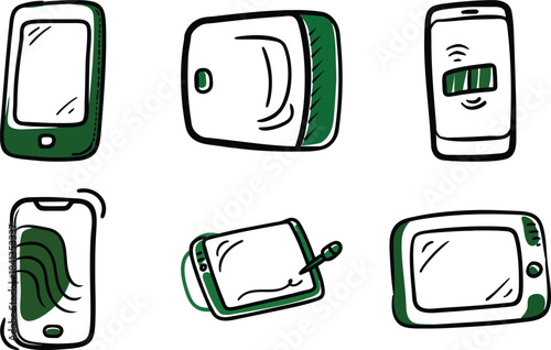 Cute Hand-Drawn Green Smartphone Emotions: Funny Doodle Illustrations of Happy, Sad, Tired, Charging, Sweaty and Stressed Phone Characters Sequence