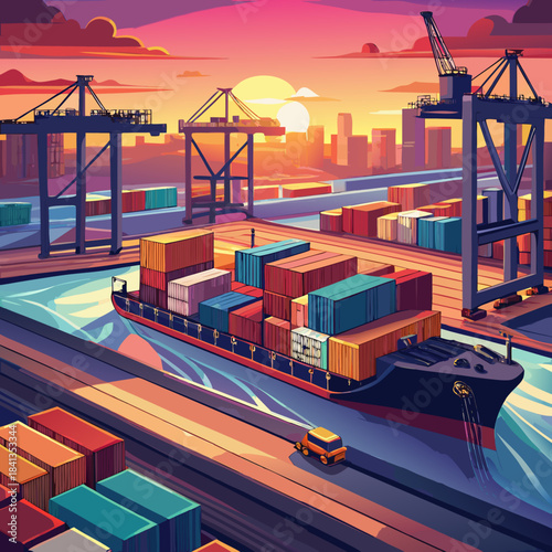 Container Ship at Busy Sunset Shipping Port