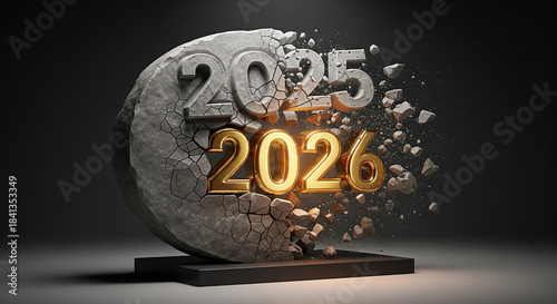 Golden 2026 emerges triumphantly as cracked stone year 2025 shatters into debris against a dark dramatic background