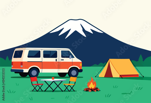 Van camping with tent, campfire, table, chairs, and snowy mountain background
