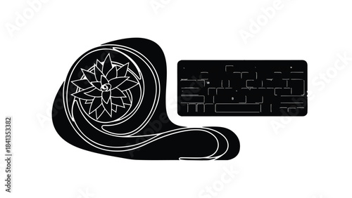 Stylized nautilus shell illustration with flower design and keyboard, creative digital concept for business technology and nature-inspired design projects