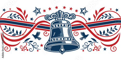 Patriotic freedom bell vector illustration with stars and doves honoring heritage and unity