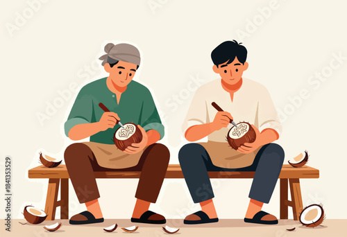 Two men meticulously carve intricate designs into coconuts while sitting on a bench