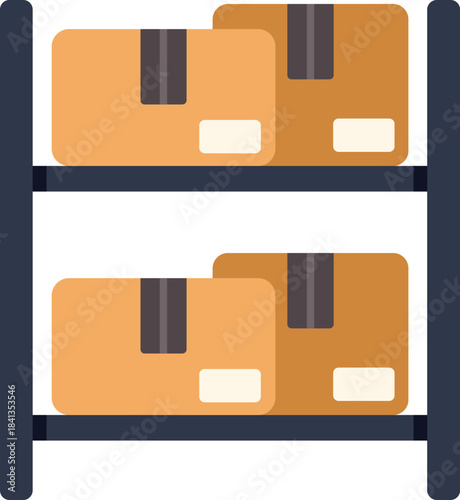 Packed cardboard boxes sitting on metal shelves in warehouse, storage room or delivery compartment