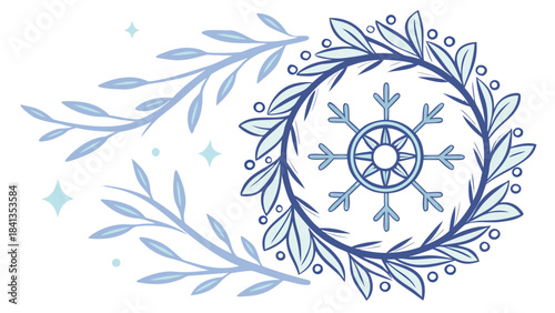 Elegant winter vector illustration featuring a snowflake within a leafy wreath design.