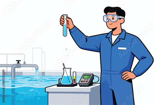 Scientist in protective gear examines liquid in test tube near water testing equipment