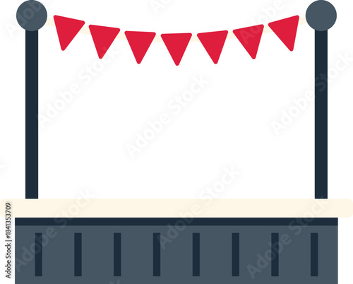 Festive outdoor stage with red pennant flags creating a celebratory atmosphere