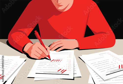 Person in red shirt grading papers with red pen